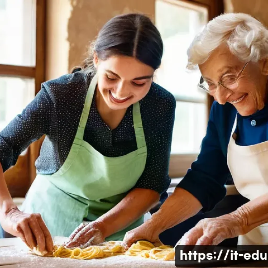 평생교육사와 지역 교육 네트워크 활용 - **Intergenerational Italian Cooking Class**
    A vibrant and heartwarming image of an elderly Itali...