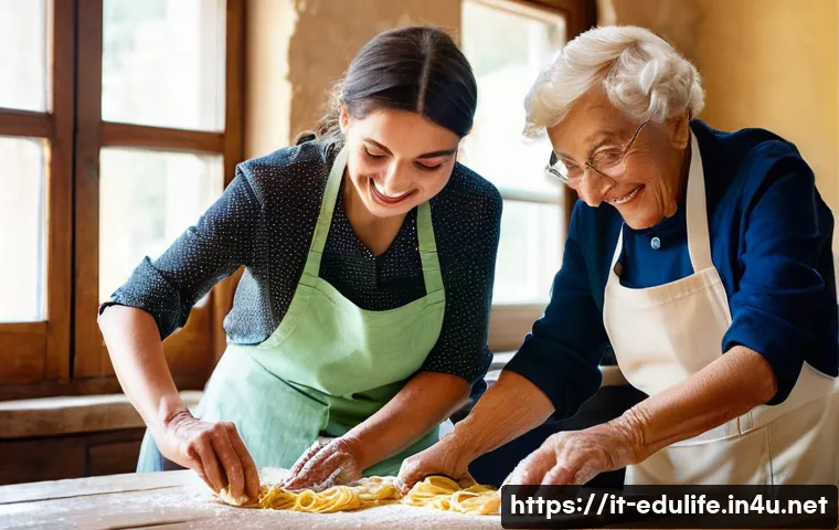 평생교육사와 지역 교육 네트워크 활용 - **Intergenerational Italian Cooking Class**
    A vibrant and heartwarming image of an elderly Itali...