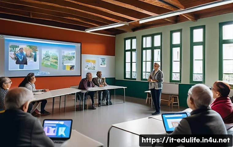 평생교육사와 평생교육 홍보 전략 - A diverse group of adults in a modern Italian community center engaged in a collaborative workshop a...