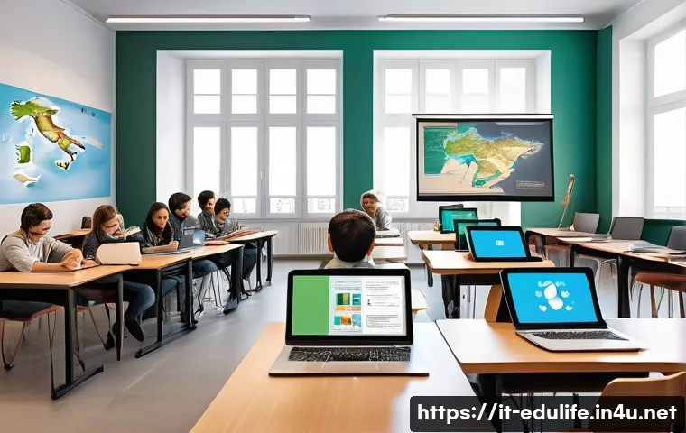 평생교육사와 교육정책 변화 사례 - A modern digital classroom scene in Italy, showing diverse adult learners engaged in an e-learning s...