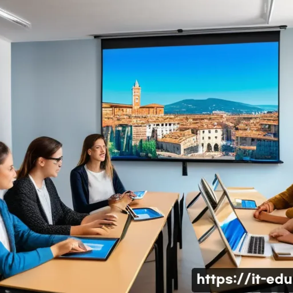 평생교육사와 학습 자료 개발 - A modern adult learning environment in Italy, showing a diverse group of adult students engaged in a...