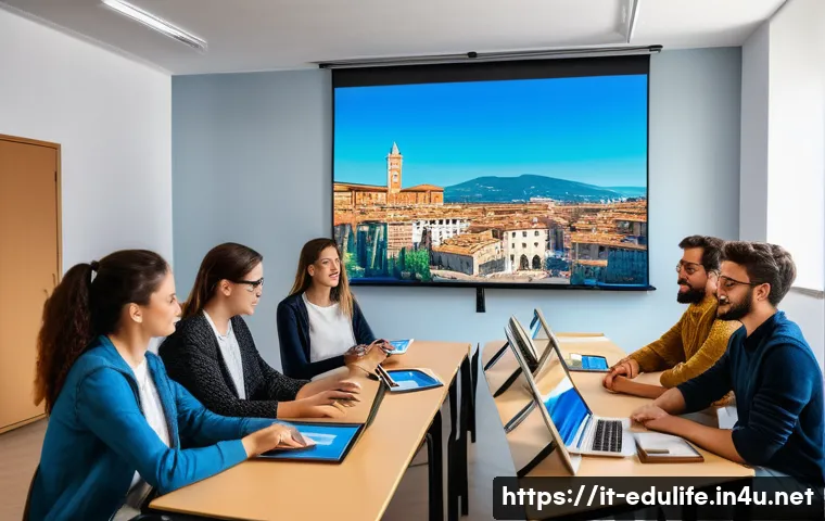 평생교육사와 학습 자료 개발 - A modern adult learning environment in Italy, showing a diverse group of adult students engaged in a...