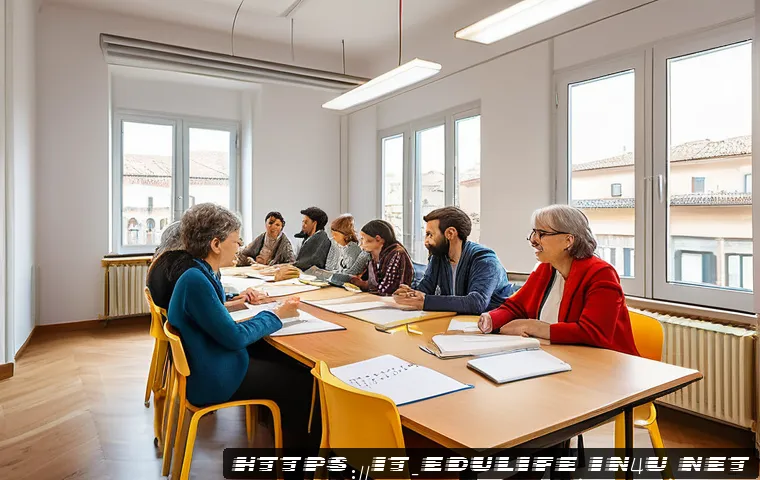 평생교육사와 학습 동기 부여 전략 - A warm and inviting adult learning classroom in Italy, featuring a diverse group of mature students ...
