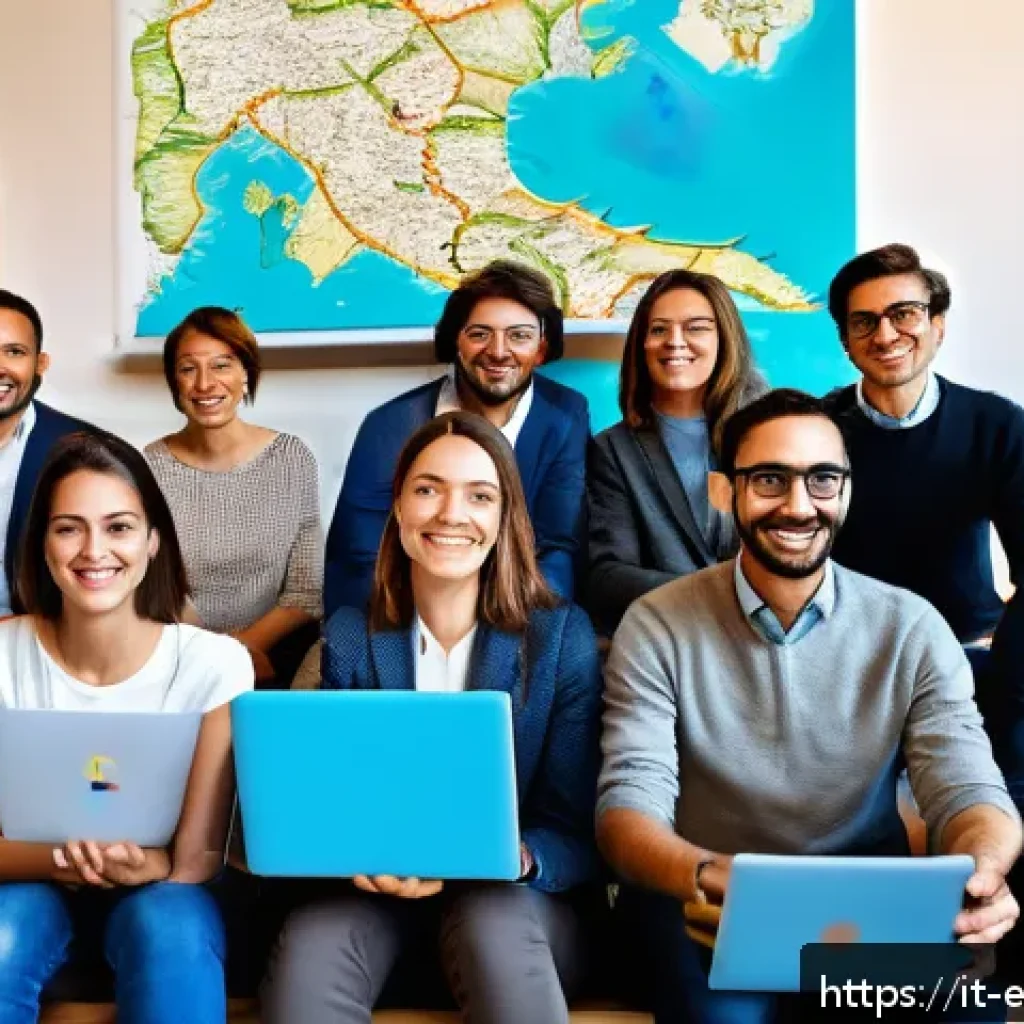 평생교육사와 학습 조직 구축 사례 - A vibrant and modern digital learning environment in Italy, showing a diverse group of adults active...