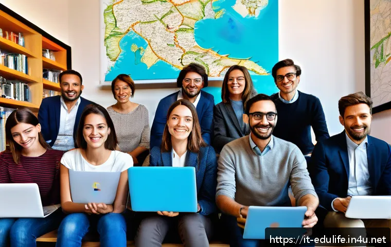 평생교육사와 학습 조직 구축 사례 - A vibrant and modern digital learning environment in Italy, showing a diverse group of adults active...