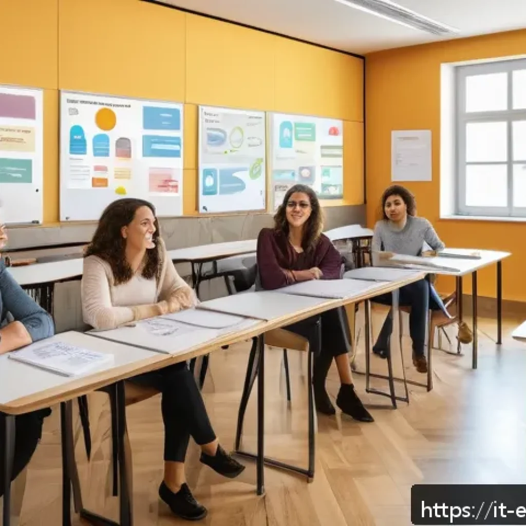 평생교육사 실무 경험 공유 - A modern, bright classroom setting in Italy with diverse adult learners engaged in a lively interact...