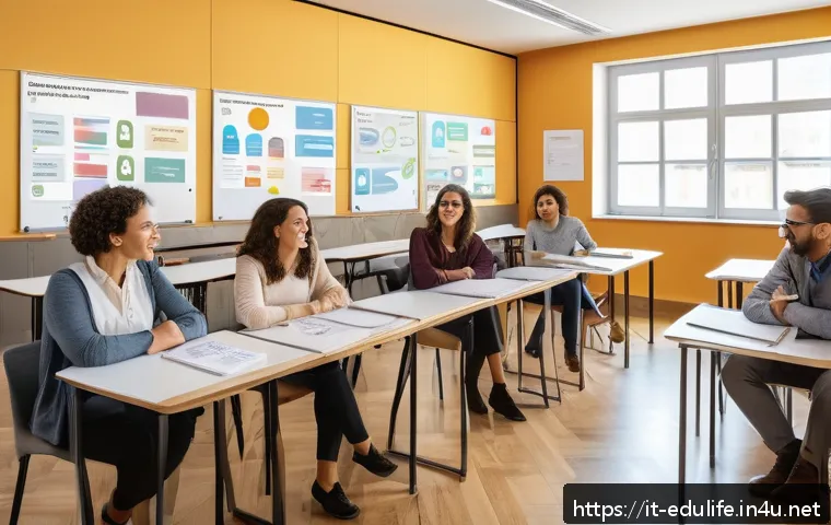 평생교육사 실무 경험 공유 - A modern, bright classroom setting in Italy with diverse adult learners engaged in a lively interact...