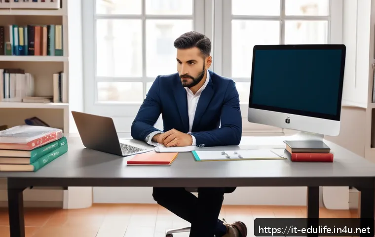 평생교육사 자격증 갱신 방법 - A modern Italian educator working at a sleek home office desk, surrounded by digital devices like a ...