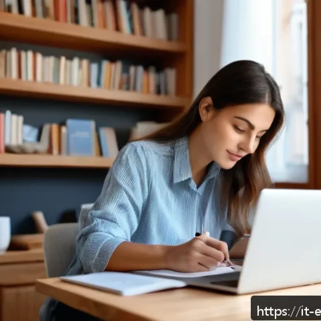 평생교육사와 성인 교육 프로그램 사례 - A professional adult woman studying at home in a cozy Italian apartment, sitting at a wooden desk wi...