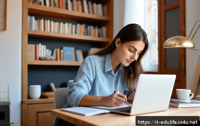평생교육사와 성인 교육 프로그램 사례 - A professional adult woman studying at home in a cozy Italian apartment, sitting at a wooden desk wi...