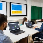평생교육사와 평생 학습 정책 변화 - A modern Italian lifelong learning classroom blending traditional and digital education methods: div...