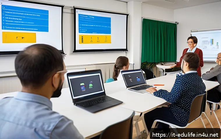 평생교육사와 평생 학습 정책 변화 - A modern Italian lifelong learning classroom blending traditional and digital education methods: div...