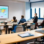 평생교육사와 학습자 분석 방법 - A diverse group of adult learners in a modern Italian classroom setting, engaged in active listening...