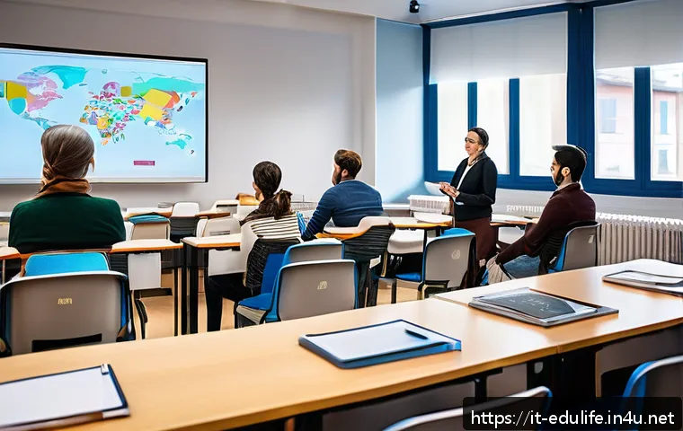 평생교육사와 학습자 분석 방법 - A diverse group of adult learners in a modern Italian classroom setting, engaged in active listening...