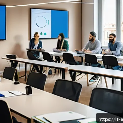 평생교육사 업무 사례 분석 - A modern training classroom setting in Milan, Italy, showing a diverse group of adult learners engag...