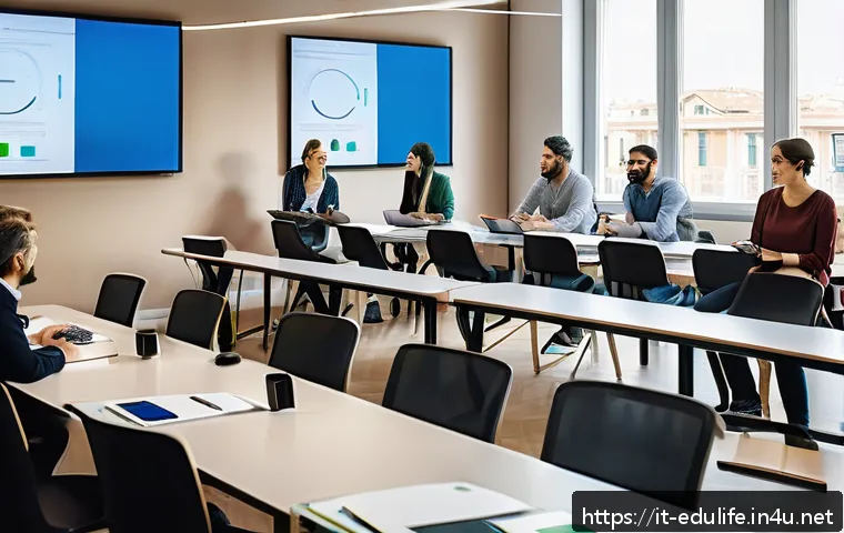 평생교육사 업무 사례 분석 - A modern training classroom setting in Milan, Italy, showing a diverse group of adult learners engag...